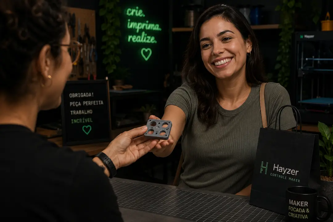 Maker mulher entregando peca impressa em 3D pra cliente, sacola HAYZER ao lado, confirmacao automatica no celular, neon crie imprima realize ao fundo