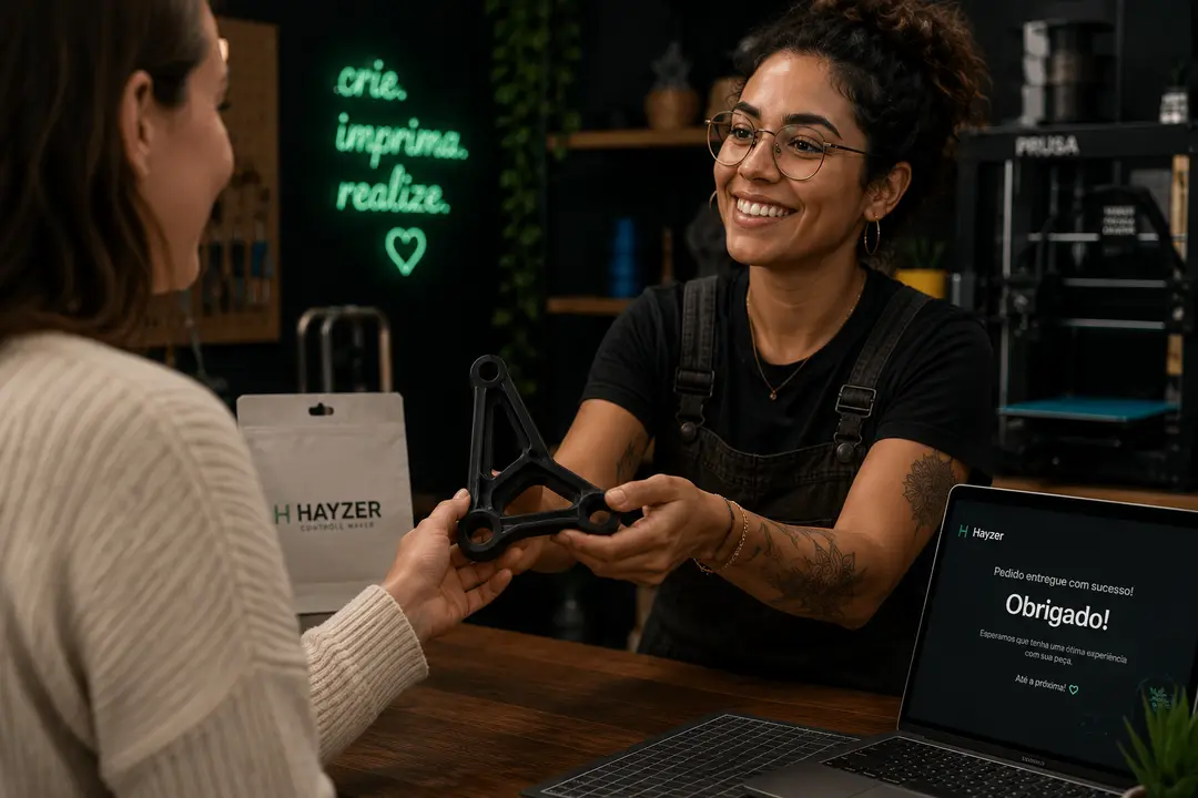 Maker mulher entregando peca preta impressa em 3D pra cliente sorridente, sacola HAYZER ao lado, laptop com mensagem Obrigado do Hayzer, neon verde crie. imprima. realize. ao fundo
