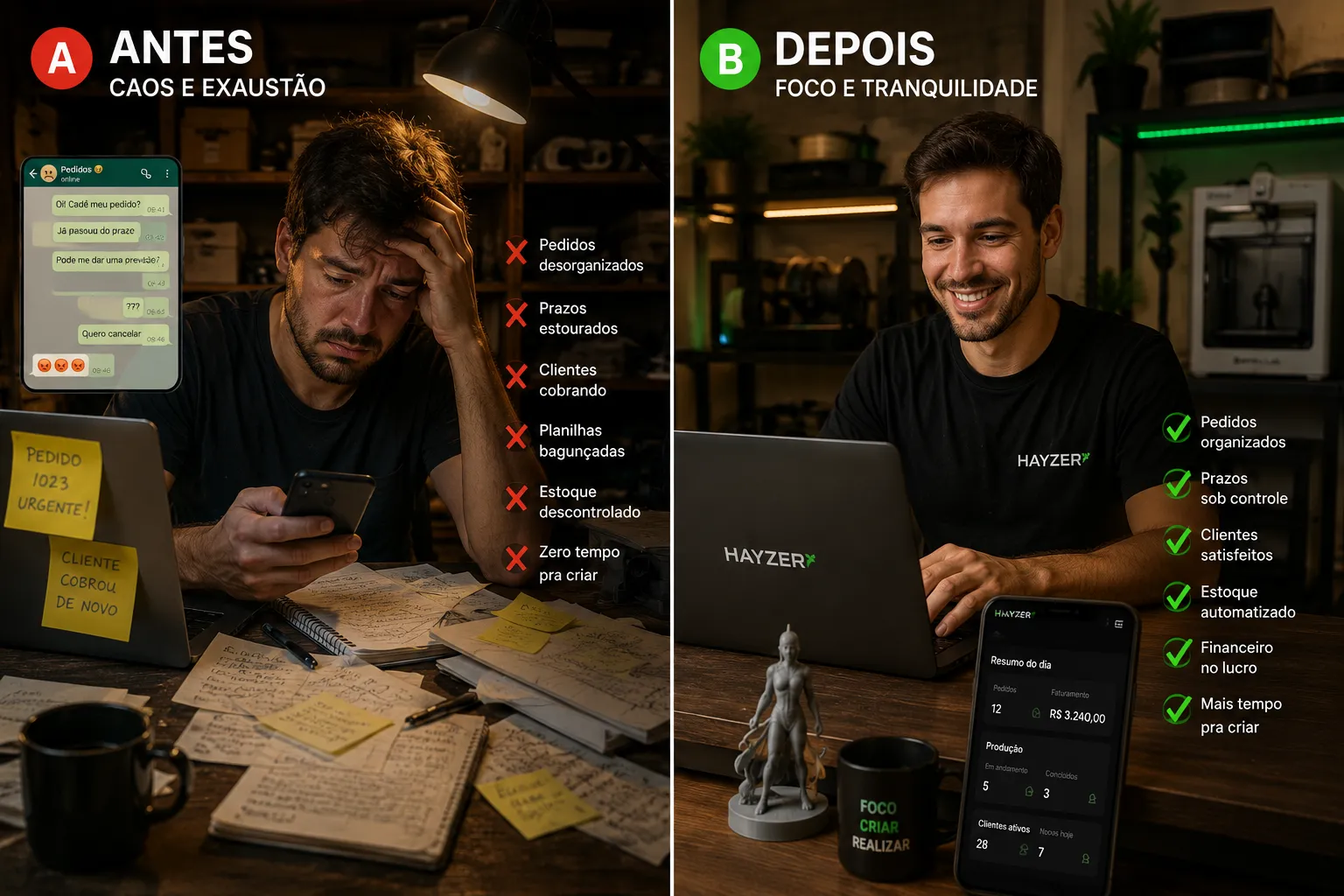 Maker triste com lista de problemas vermelhos ao lado de maker sorridente Hayzer com lista de solucoes verdes — antes e depois da organizacao