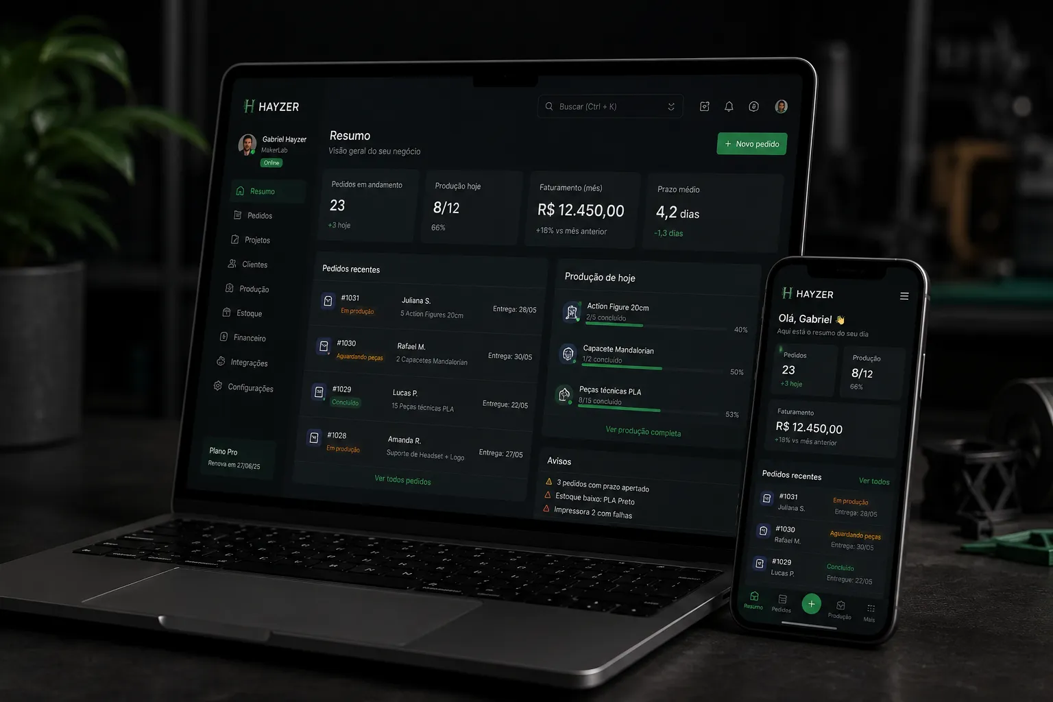 Laptop e iPhone exibindo dashboard Hayzer com resumo R$ 12.450,00, 23 pedidos, 8/12 em producao, lateral esquerda com modulos de navegacao